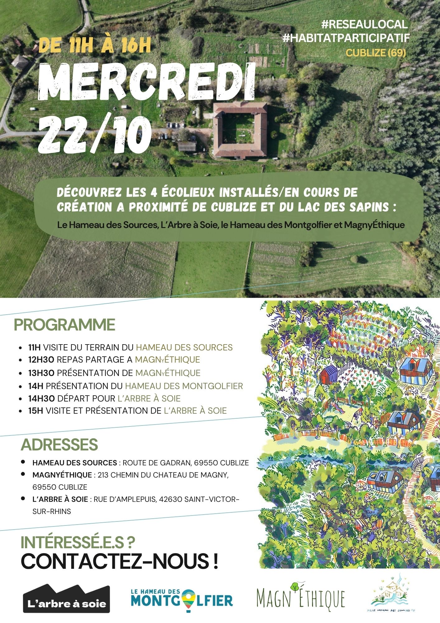 Rencontres et visites d'habitats partagés amis à Cublize et alentours ! L’Arbre à soie, le Hameau des Sources, le Hameau des Montgolfier et MagnyÉthique se réunissent le mercredi 22 Octobre autour d'une journée de rencontres ponctuée par un déjeuner partagé au Chateau de Magny.