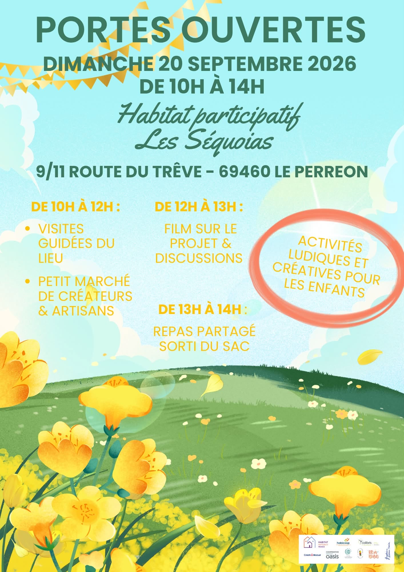 Bienvenue dans notre lieu de vie ! Comme chaque année, les Séquoias vous invite à découvrir leur habitat participatif composé de 11 foyers (18 adultes, 9 enfants, 2 chiens, 1 chat ,1 lapin, quelques poulettes et des abeilles) installés depuis 2 ans dans le village du Perréon ! Nous ouvrons nos portes le DIMANCHE 20 SEPTEMBRE DE 10h à 13h afin de vous faire découvrir notre lieu. Au programme: - de 10h à 12h: visites du lieu avec un.e habitant, marché artisanal en présence de créateurs et créatrices locaux (vente de miel, peintures, créations en verre, etc), démonstrations, et activités créatives et ludiques pour les enfants - de 12h à 13h: projection d'un petit film réalisé avant notre aménagement, photos des avancées des travaux et échanges avec plusieurs habitants et habitantes sur le chemin parcouru - de 13h à 14h: repas partagé- chacun.e ramène un plat à partager ou son pique-nique sorti du sac Cet événement est ouvert à toutes et tous. Participation au chapeau selon les moyens de chacun.e. Possibilité de se garer sur le parking de l'école maternelle. N’hésitez pas à nous écrire via Messenger si vous avez des questions ou en commentant sous l’événement. L’évènement a lieu au 9-11 route du Trêve au Perréon (69460). À très vite !!
